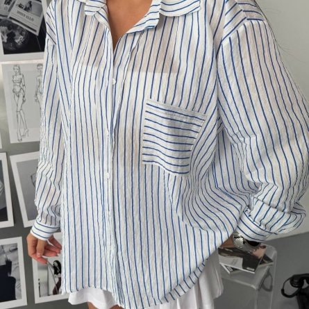 Oversized White Shirt with Blue Stripes and Metallic Thread