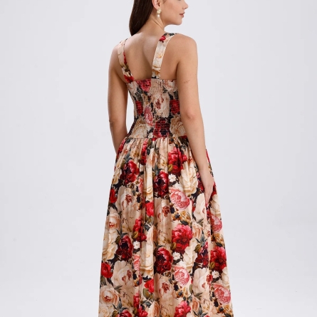 Платье миди с красным цветочным принтом и широкими бретелями