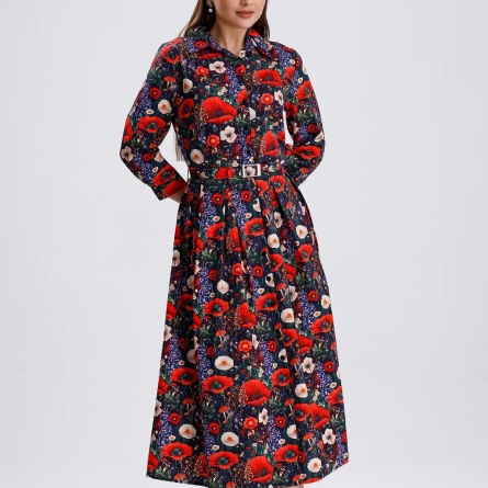 Платье миди с принтом с маками и поясом на талии