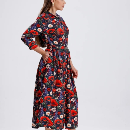 Платье миди с принтом с маками и поясом на талии