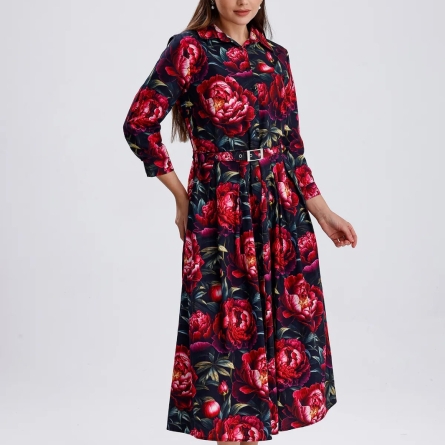 Платье миди с принтом с розами и поясом на талии