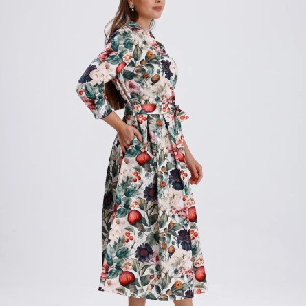 Rochie midi cu imprimeu floral mixt și curea &icirc;n talie