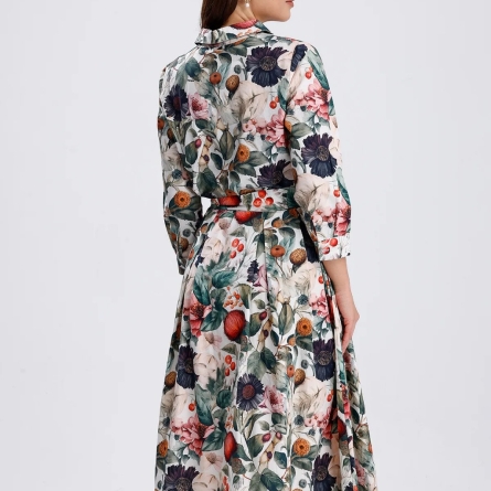 Rochie midi cu imprimeu floral mixt și curea &icirc;n talie