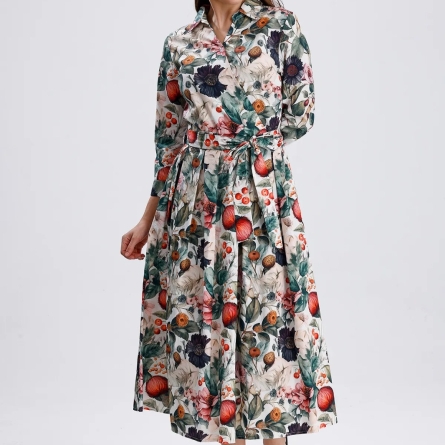 Rochie midi cu imprimeu floral mixt și curea &icirc;n talie