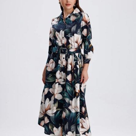 Платье миди с кремовым цветочным принтом и поясом на талии