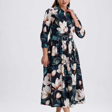 Платье миди с кремовым цветочным принтом и поясом на талии