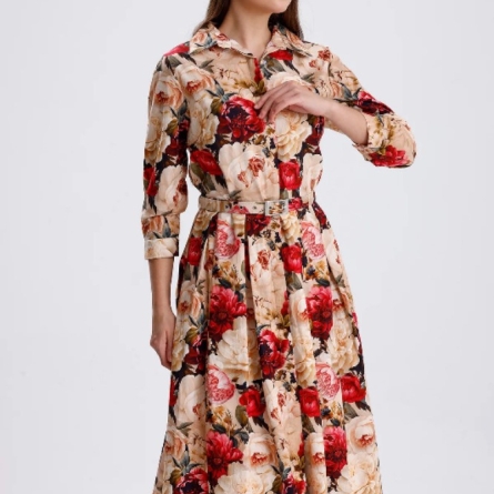 Платье миди с бело-кремовым цветочным принтом и поясом на талии