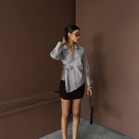 Wrap-Style Shirt with Brown Stripes and Side Bow