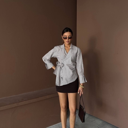 Wrap-Style Shirt with Brown Stripes and Side Bow