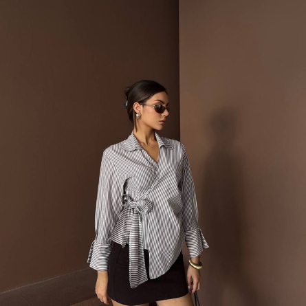 Wrap-Style Shirt with Brown Stripes and Side Bow