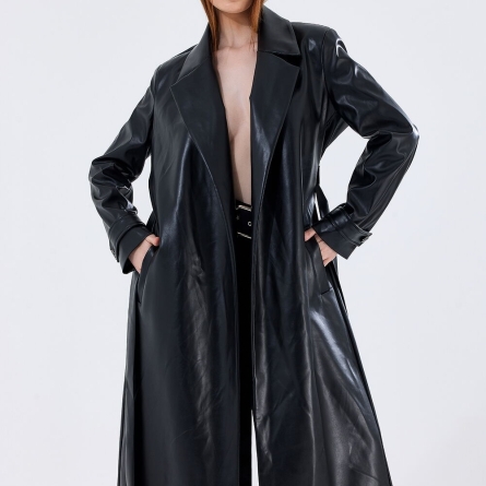 Trench negru din piele ecologica cu cordon