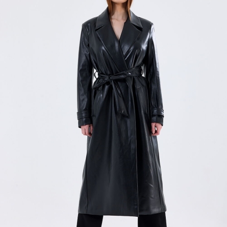 Trench negru din piele ecologica cu cordon