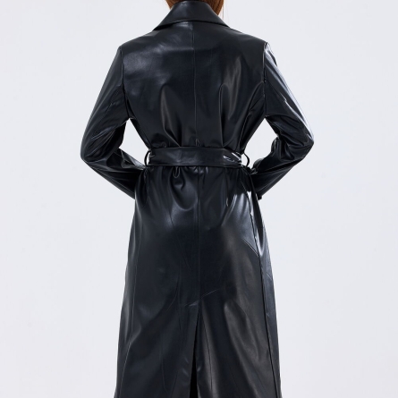 Trench negru din piele ecologica cu cordon