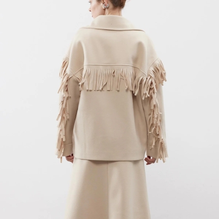 Palton beige din cașmir cu franjuri