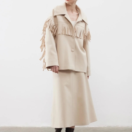 Palton beige din cașmir cu franjuri