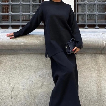 Black Knitwear Set with Midi Skirt and Loose Fit Top