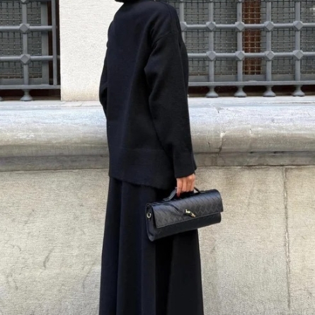 Black Knitwear Set with Midi Skirt and Loose Fit Top