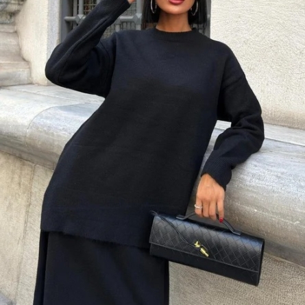 Black Knitwear Set with Midi Skirt and Loose Fit Top