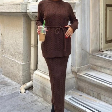 Chocolate Cable Knit Belted Knitwear Set