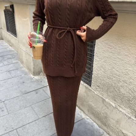 Chocolate Cable Knit Belted Knitwear Set