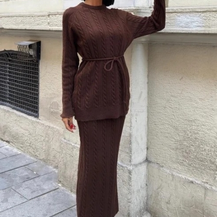 Chocolate Cable Knit Belted Knitwear Set