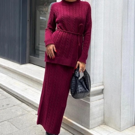 Burgundy Cable Knit Belted Knitwear Set