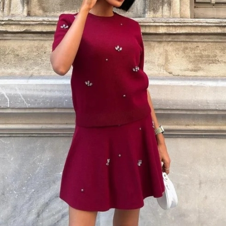 Burgundy Embroidered Knitwear Set with Flared Skirt
