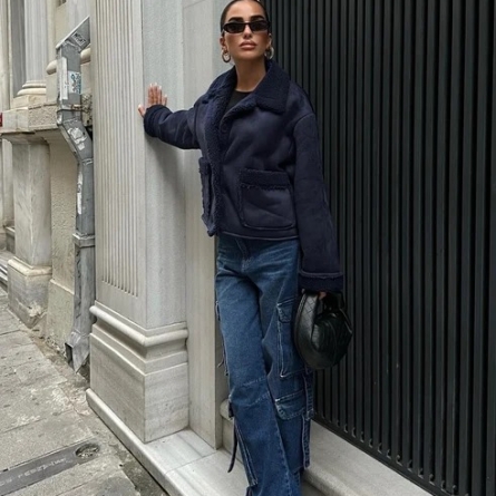 Navy Long Sleeve Suede Jacket