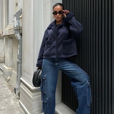 Navy Long Sleeve Suede Jacket