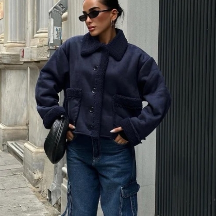 Navy Long Sleeve Suede Jacket