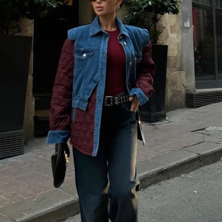 Geacă Matlasată Bordo cu Inserții Denim