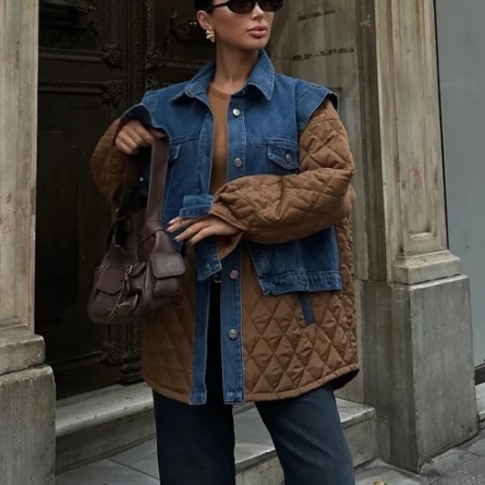 Geacă Matlasată Maro  cu Inserții Denim