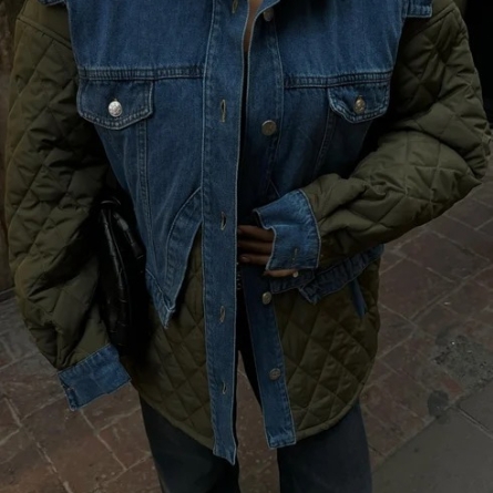 Geacă Matlasată Khaki cu Inserții Denim