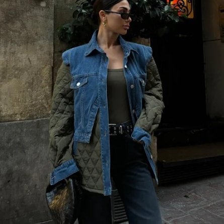 Geacă Matlasată Khaki cu Inserții Denim