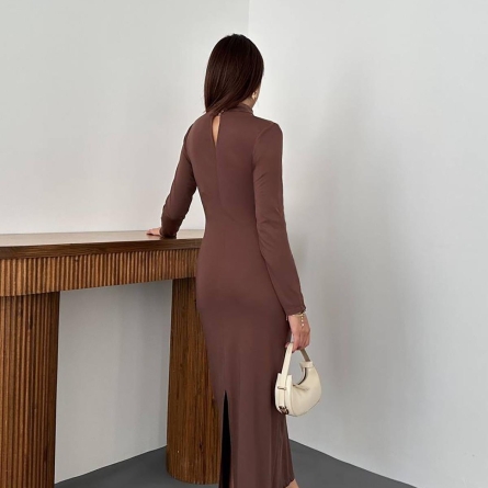 Brown Midi Dress with Side Metal Detail
