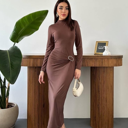 Brown Midi Dress with Side Metal Detail