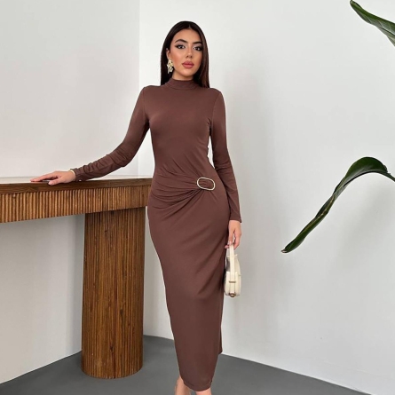 Brown Midi Dress with Side Metal Detail