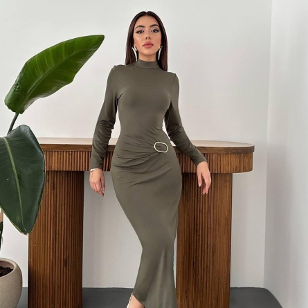 Rochie Midi Khaki cu Detaliu Metalic &icirc;n Talie