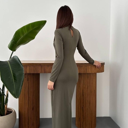 Rochie Midi Khaki cu Detaliu Metalic &icirc;n Talie