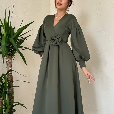 Khaki Midi Dress with Puffy Sleeves and Floral Belt