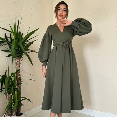 Khaki Midi Dress with Puffy Sleeves and Floral Belt