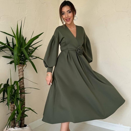 Khaki Midi Dress with Puffy Sleeves and Floral Belt