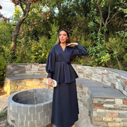 Navy Midi Dress with Puffy Sleeves and Floral Belt