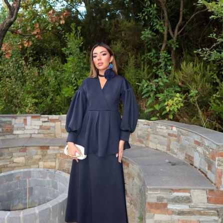 Navy Midi Dress with Puffy Sleeves and Floral Belt