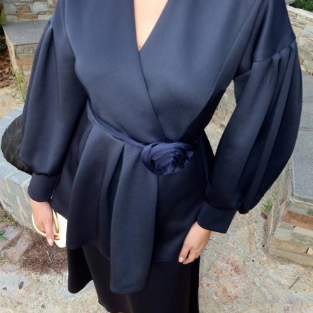 Navy Midi Dress with Puffy Sleeves and Floral Belt