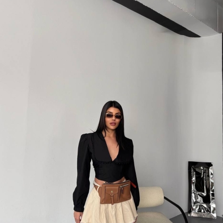 Black Blouse with Statement Collar and Deep V-Neck