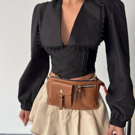 Black Blouse with Statement Collar and Deep V-Neck
