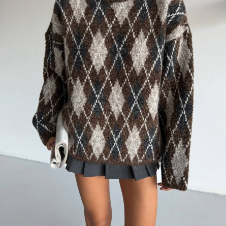 Pulover Maro din Tricot cu Ornament Romb