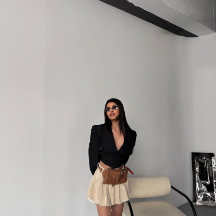 Black Blouse with Statement Collar and Deep V-Neck