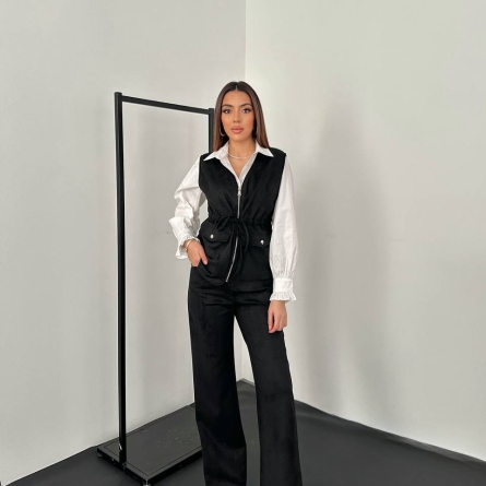 Costum Casual Negru cu Vestă și Pantaloni